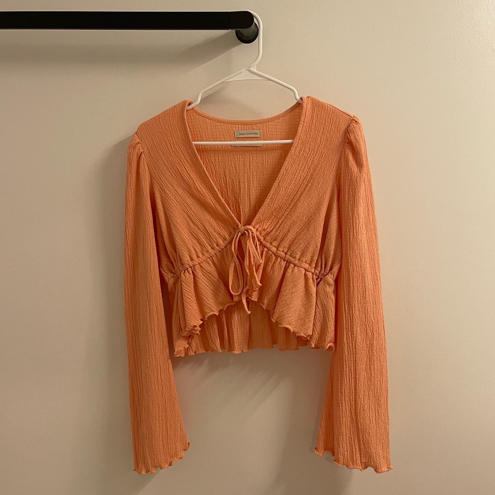 Urban Outfitters Peach Ribbed Tie-Front Ruffle Crop Top